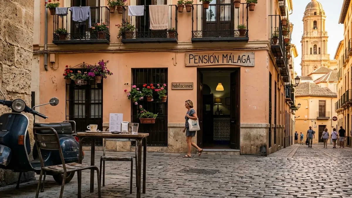 Charming budget guesthouse facade in Malaga historic centre near the Cathedral
