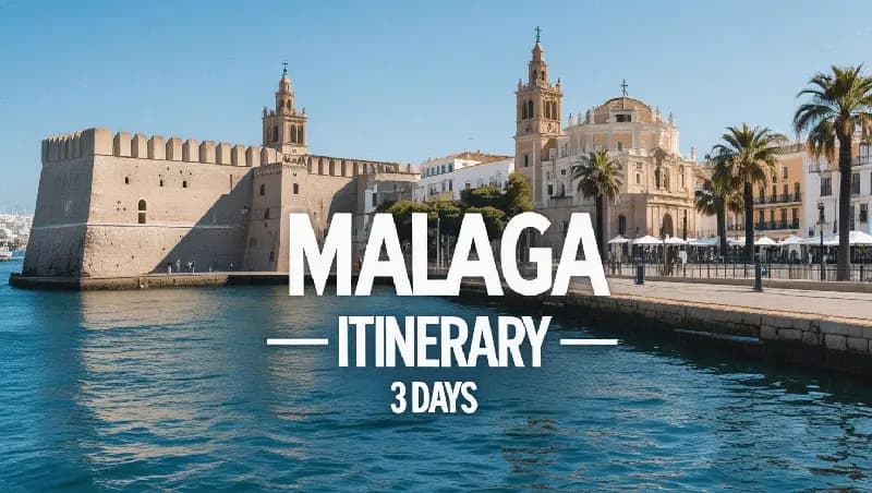 A picturesque view of Malaga’s old town with historic buildings and palm trees along the waterfront, reflected in the calm blue sea, with bold white text overlay reading Malaga Itinerary 3 Days.