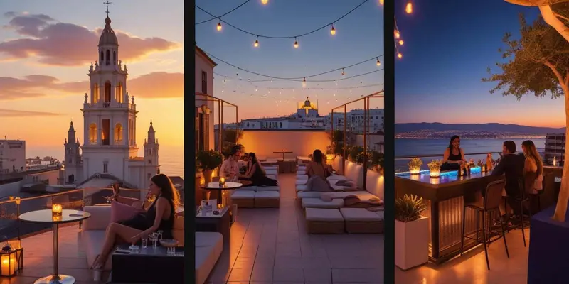 Collage of three rooftop bars in Malaga: one with sunset views of Malaga Cathedral, one with lounge seating and string lights, and one with a night-time cocktail bar overlooking the Mediterranean Sea.