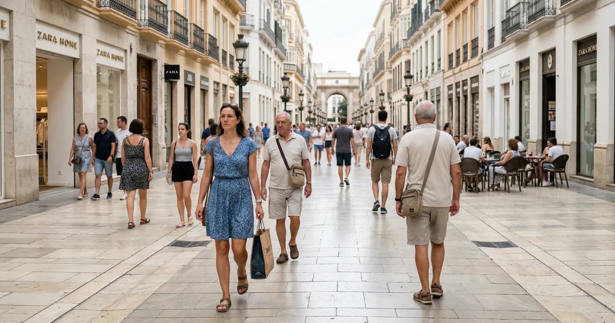 Busy pedestrian street in Malaga old town Calle Larios with tourists and locals