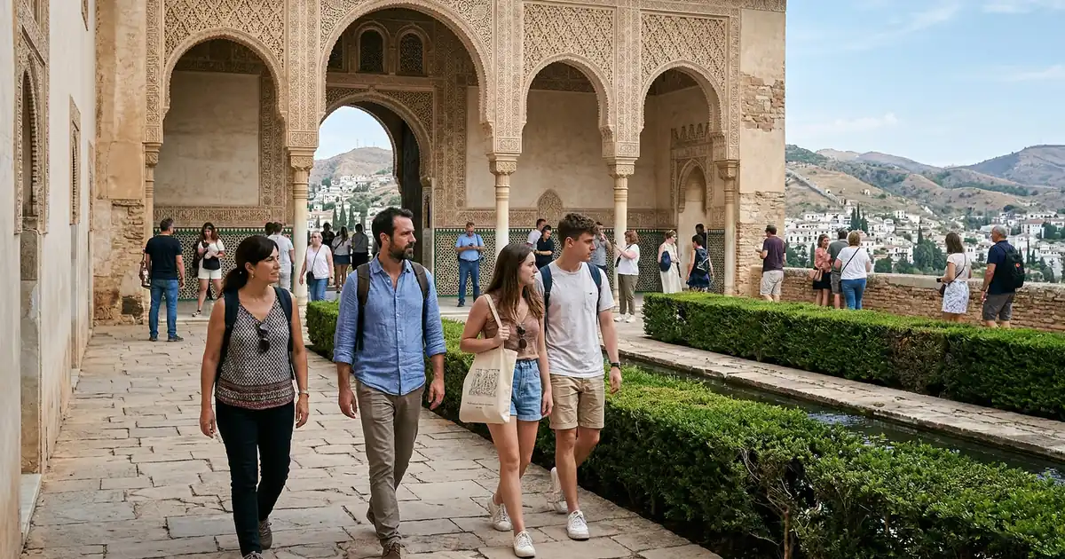 Tourists visiting the Alhambra Palace in Granada with detailed Nasrid architecture and courtyards