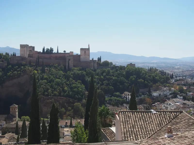 View of Alhambra Palace and grey rooftops of Granada, Spain, from above