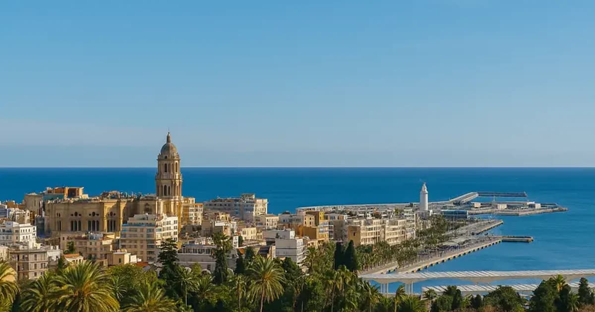 Malaga Cathedral and palm trees under a bright February sky with the Mediterranean in the background