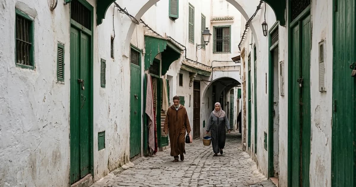 White walls and green doors of Tetouan medina, a UNESCO World Heritage Site in northern Morocco