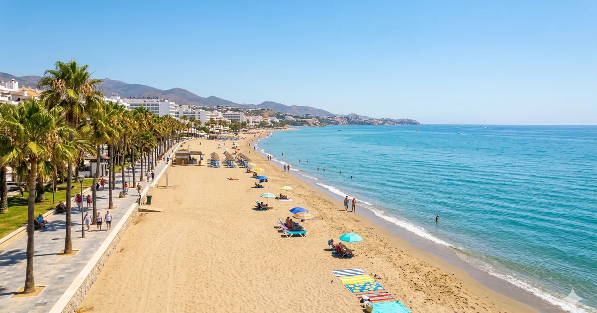Sunny Costa del Sol beach with golden sand, turquoise sea, palm trees and colorful umbrellas, open sky area for text overlay