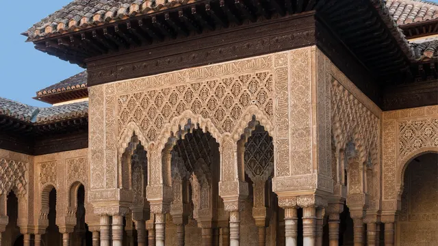 The Patio de los Leones in the Nasrid Palaces of the Alhambra, Granada