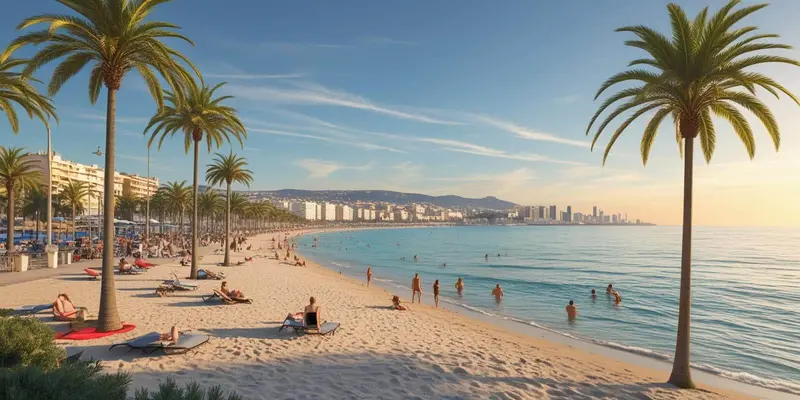 Playa de la Malagueta in Malaga on a sunny day, with palm trees, sunbathers, calm Mediterranean waters, and the city skyline in the background.