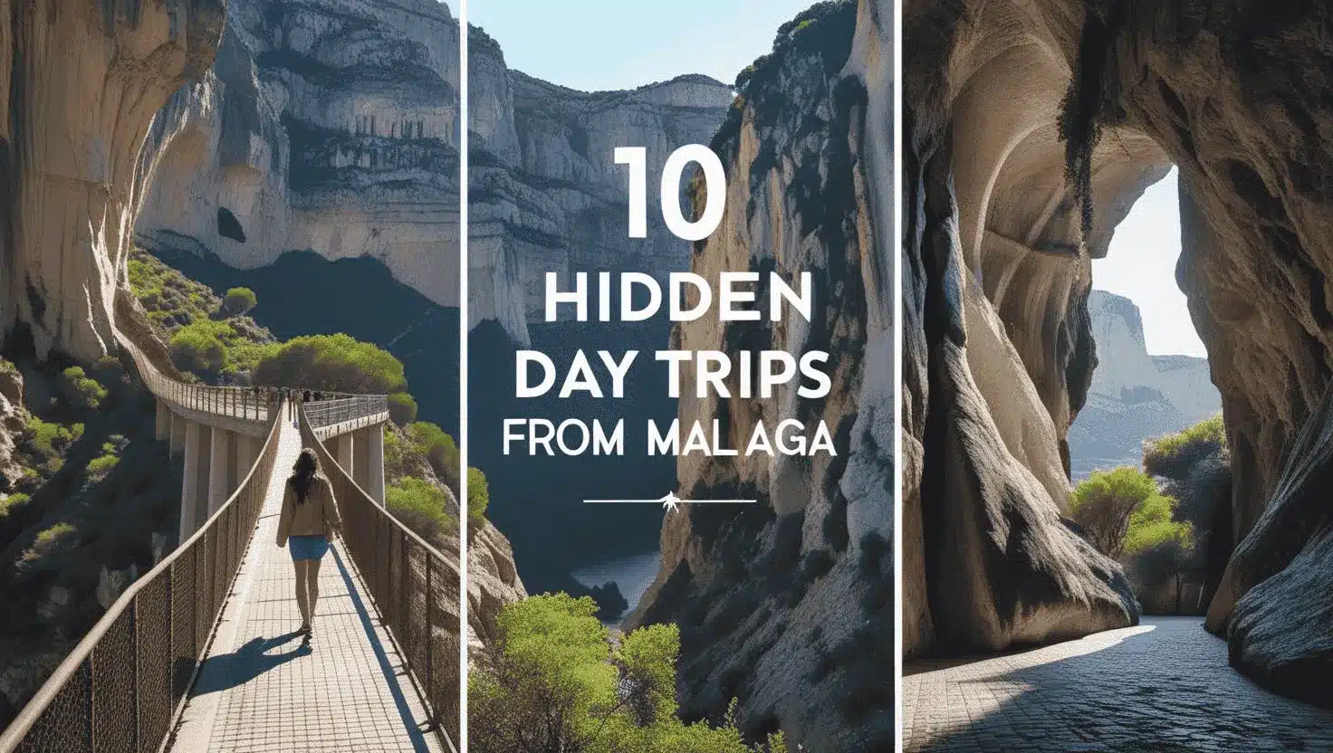 Collage of hidden day trips from Malaga showing Caminito del Rey walkway, dramatic cliffs, and a cave entrance in Andalusia.