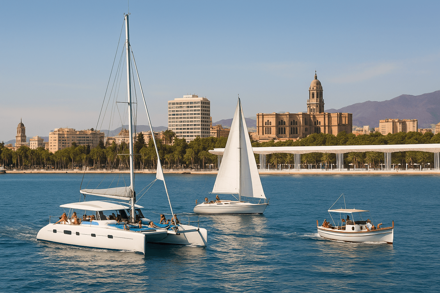 Malaga boat tours with catamaran sailing near the port, featuring the city skyline and Malaga Cathedral in the background