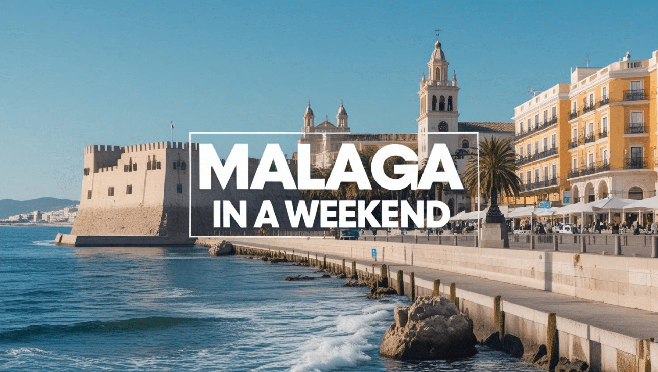 A scenic view of Malaga’s seafront with waves crashing against the promenade, historic buildings in the background, and bold white text overlay reading “Malaga in a Weekend.