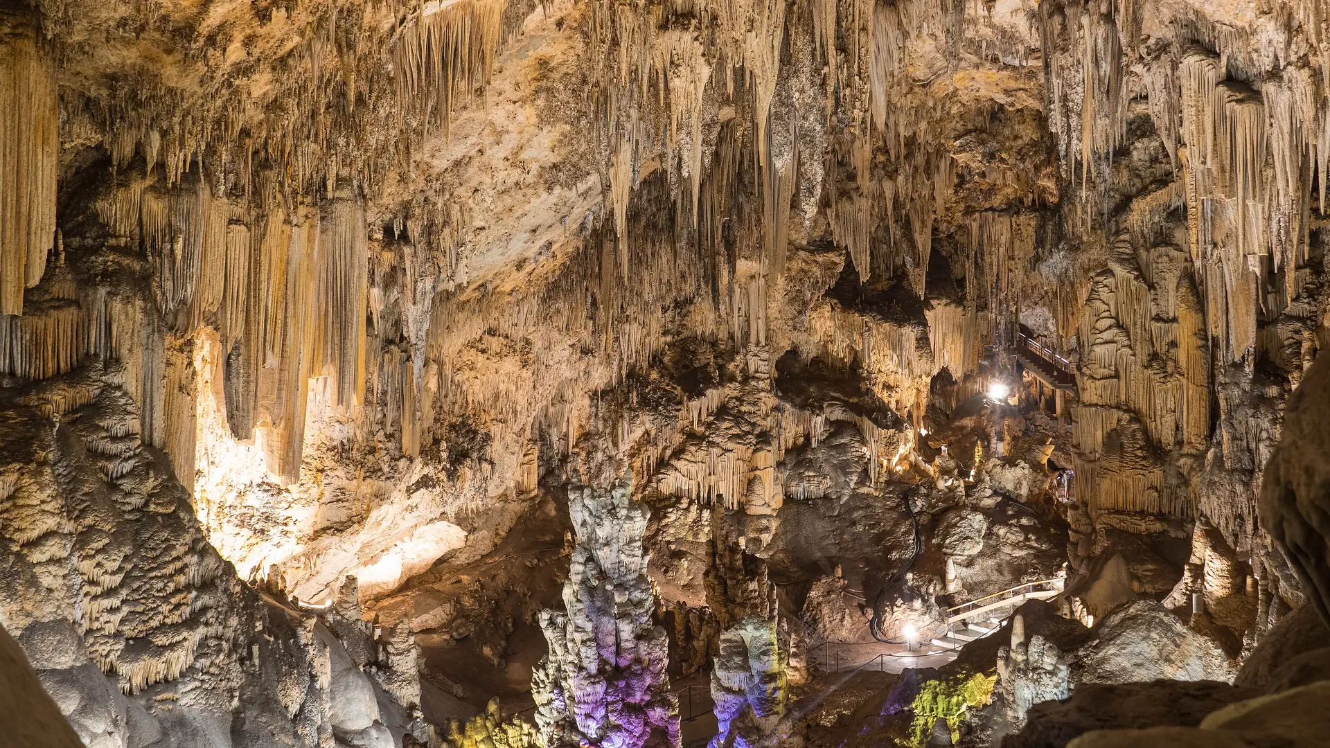 The vast illuminated rock formations inside the Caves of Nerja