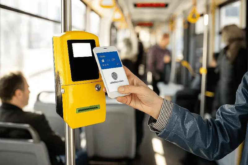 Person validating Malaga metro ticket using smartphone with contactless payment on a modern yellow machine inside a tram or metro carriage.