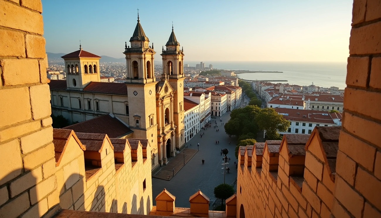 Scenic view of Malaga city with historic church towers and Mediterranean coastline at sunset