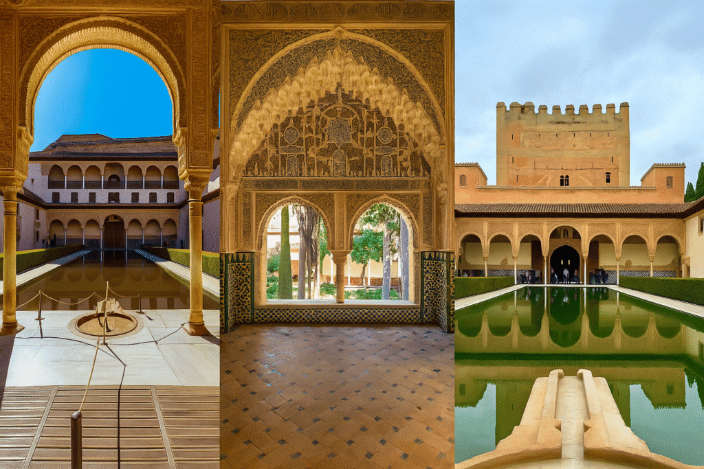A triptych of photographs showcases the intricate Islamic architecture of the Alhambra in Granada, Spain. The left image features the Court of the Myrtles with its symmetrical arches and reflecting pool. The center captures ornate stucco details and a garden view through arched windows. The right shows the Comares Palace with its tower and mirrored water under a cloudy sky.