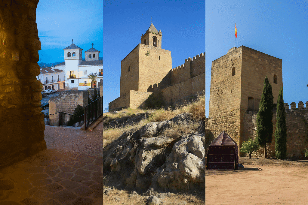 A triptych of historic landmarks in Antequera, Malaga, Spain. Left: a twilight view of the town framed by a stone arch. Center: the Alcazaba of Antequera rising above rocky terrain. Right: a medieval tower flying the Spanish flag, surrounded by cypress trees and ancient fortress walls.