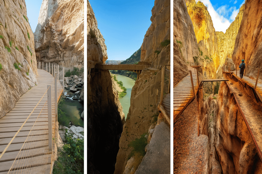 A triptych of photographs showcases Caminito del Rey, Spain, with narrow wooden walkways suspended along steep cliffs, overlooking a gorge and winding green river, surrounded by dramatic rock formations and blue sky.