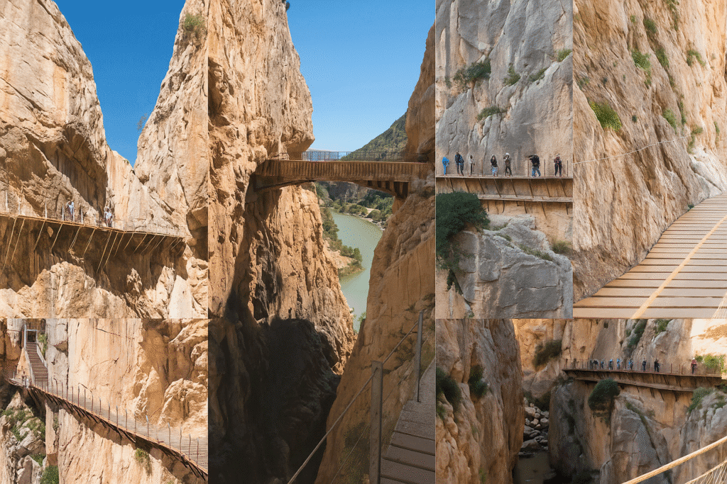 A collage of five high-resolution photographs shows the dramatic landscapes of Caminito del Rey in Spain. Each panel captures a different section of the narrow walkway suspended along steep rock cliffs, featuring hikers, canyon views, and rugged geological formations under clear blue skies.