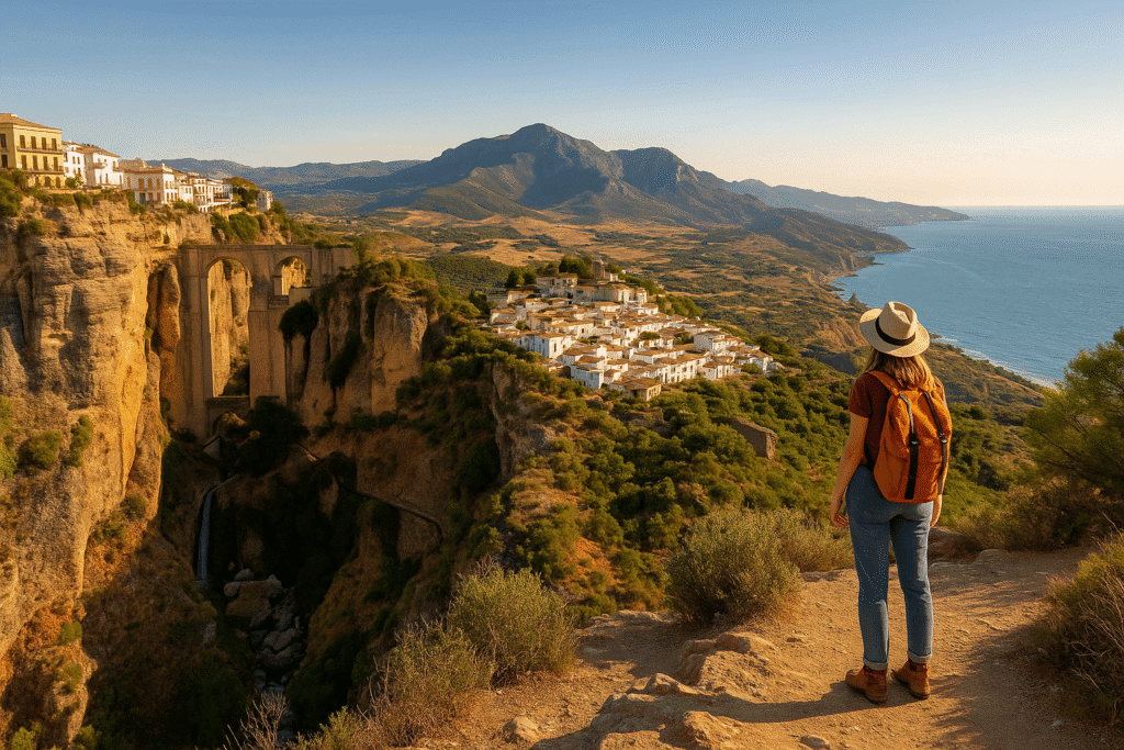 a woman looking at a town on a cliff