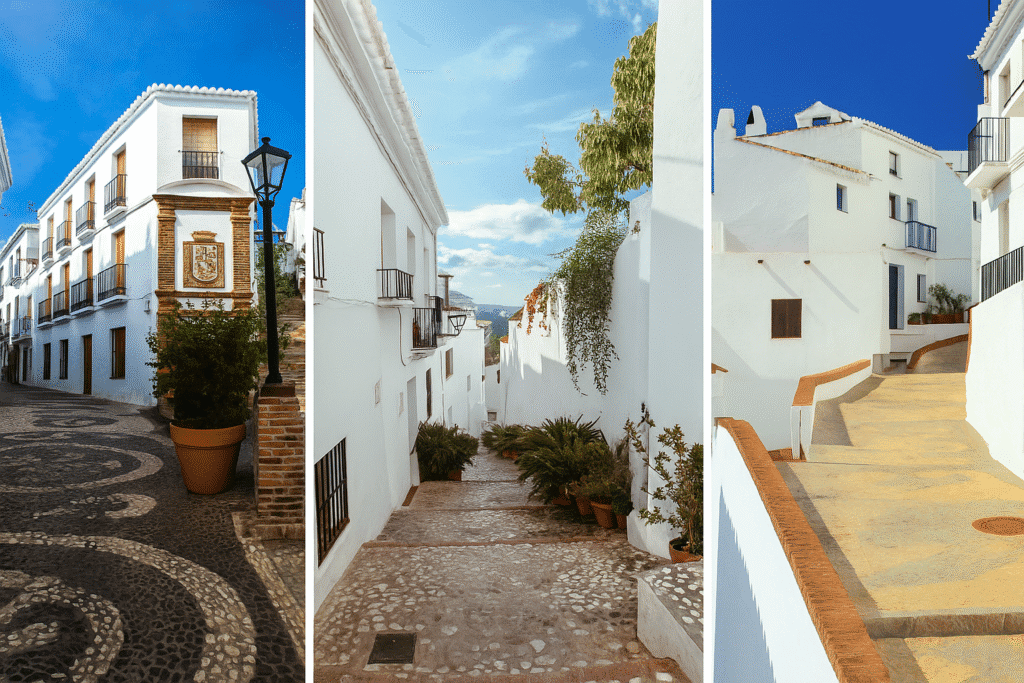 A triptych of photographs showcases Frigiliana, Spain, with its whitewashed houses, cobbled streets, terracotta pots, and vibrant greenery under a bright blue sky.
