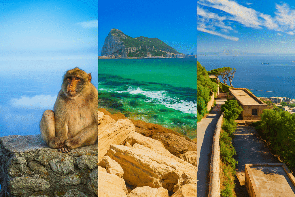 A triptych of photographs captures Gibraltar’s natural and cultural landmarks. The left panel shows a Barbary macaque perched on a rocky ledge with clouds and sea in the background. The center features the iconic Rock of Gibraltar rising behind turquoise waters. The right panel displays a scenic path atop the Rock with panoramic views of the coastline and distant Africa.