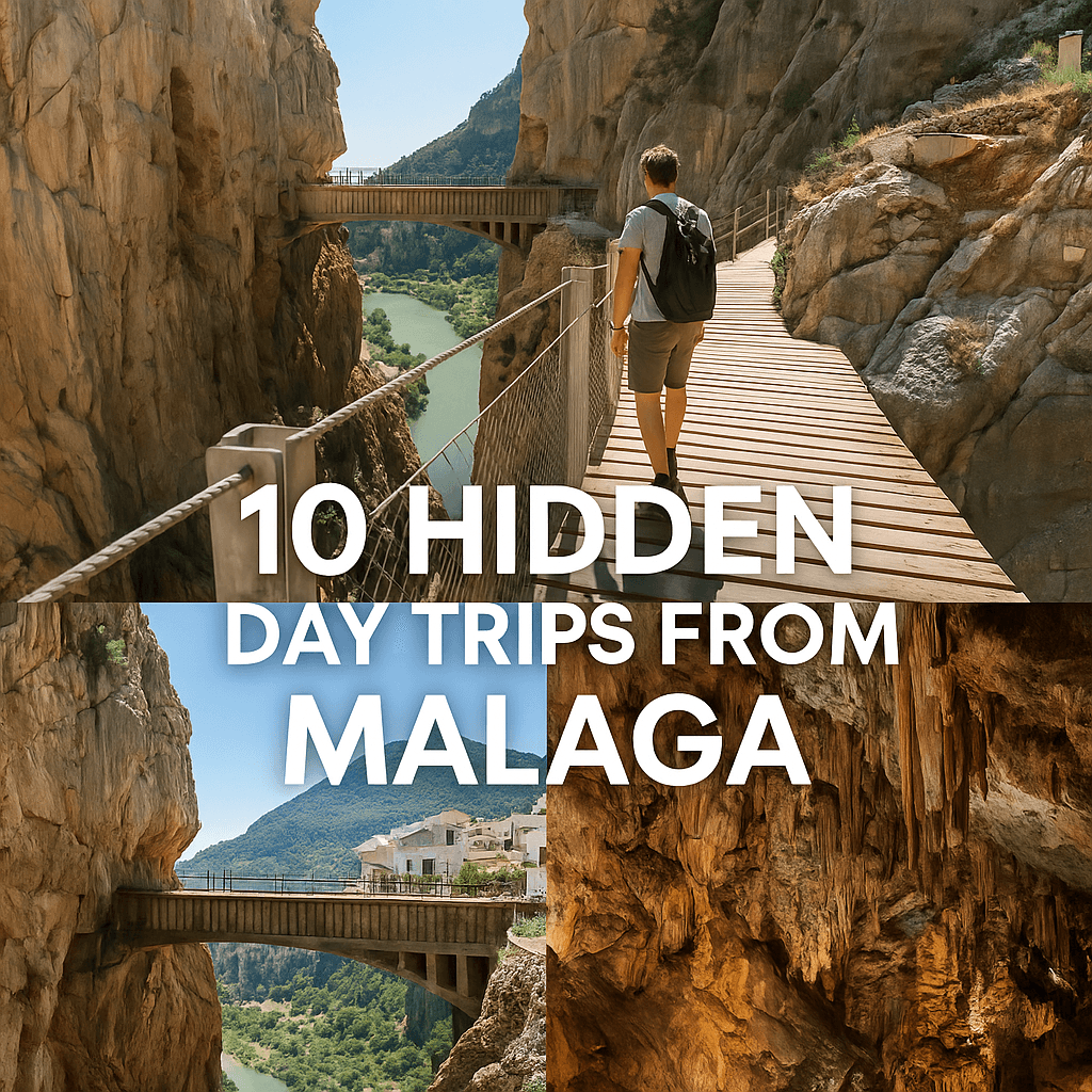 Collage of hidden day trips from Malaga, showing Caminito del Rey gorge walkway, a white village on cliffs, and a cave interior, with title text overlay.