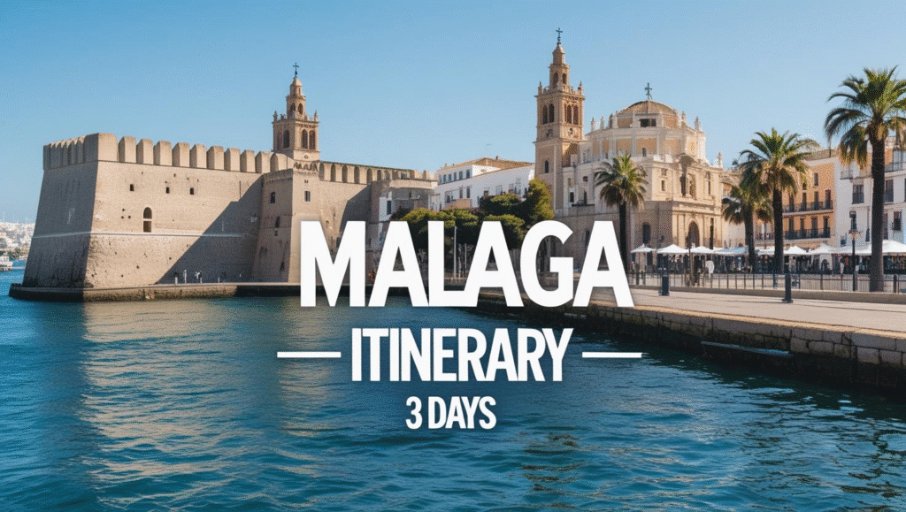 A picturesque view of Malaga’s old town with historic buildings and palm trees along the waterfront, reflected in the calm blue sea, with bold white text overlay reading "Malaga Itinerary 3 Days.