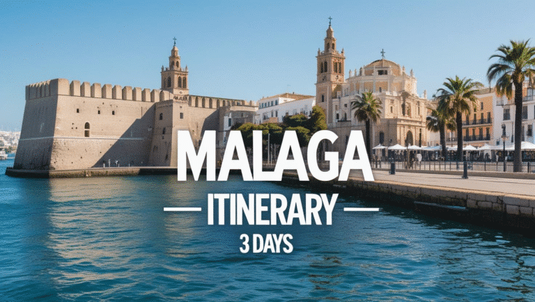 A picturesque view of Malaga’s old town with historic buildings and palm trees along the waterfront, reflected in the calm blue sea, with bold white text overlay reading "Malaga Itinerary 3 Days.