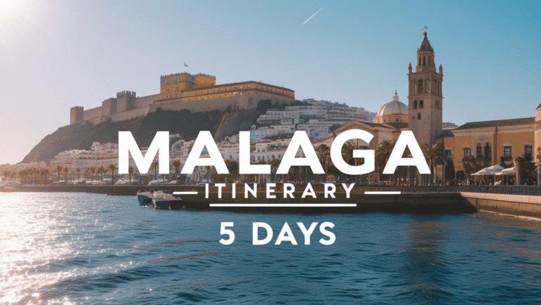 A scenic view of Malaga’s waterfront with Gibralfaro Castle on the hill, the cathedral on the right, and boats on the sparkling sea, with bold white text overlay reading "Malaga Itinerary 5 Days.