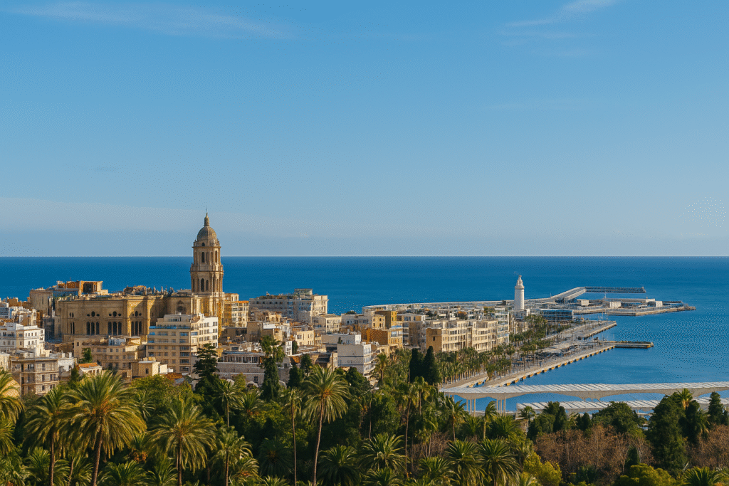 A high-resolution panoramic view of Malaga, Spain on a clear February day, featuring the Malaga Cathedral, palm trees in the foreground, the city skyline, and the Mediterranean Sea with the port and lighthouse in the background.