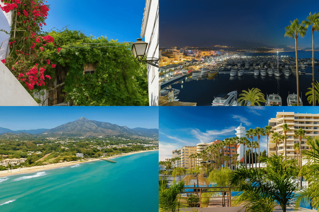 A collage of four high-resolution photographs captures Marbella, Spain. Top left shows a whitewashed alley with pink bougainvillea, top right features Puerto Banús marina glowing at night, bottom left displays an aerial view of the coastline and La Concha mountain, and bottom right highlights a modern lighthouse surrounded by palm trees and apartment buildings.