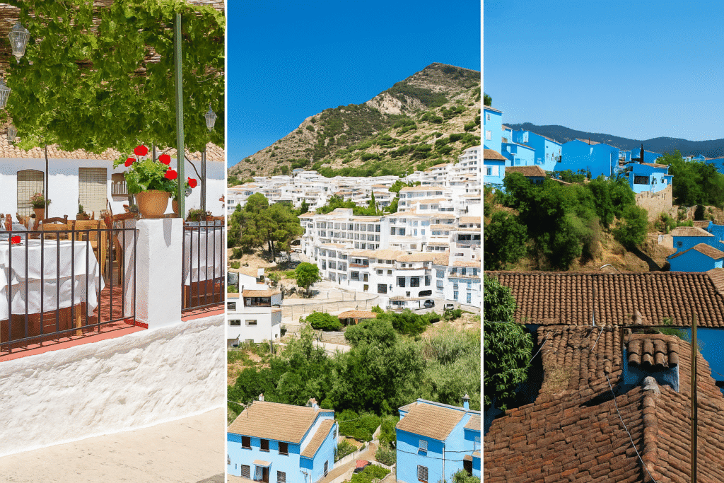 A collage of three high-resolution photographs showcases picturesque Andalusian villages. The left panel features a charming outdoor restaurant terrace with red flowers and vine-covered pergola. The center displays the whitewashed houses of Mijas nestled into a mountainside. The right highlights Júzcar, the “blue village,” with its vibrant blue-painted homes scattered across green hills.
