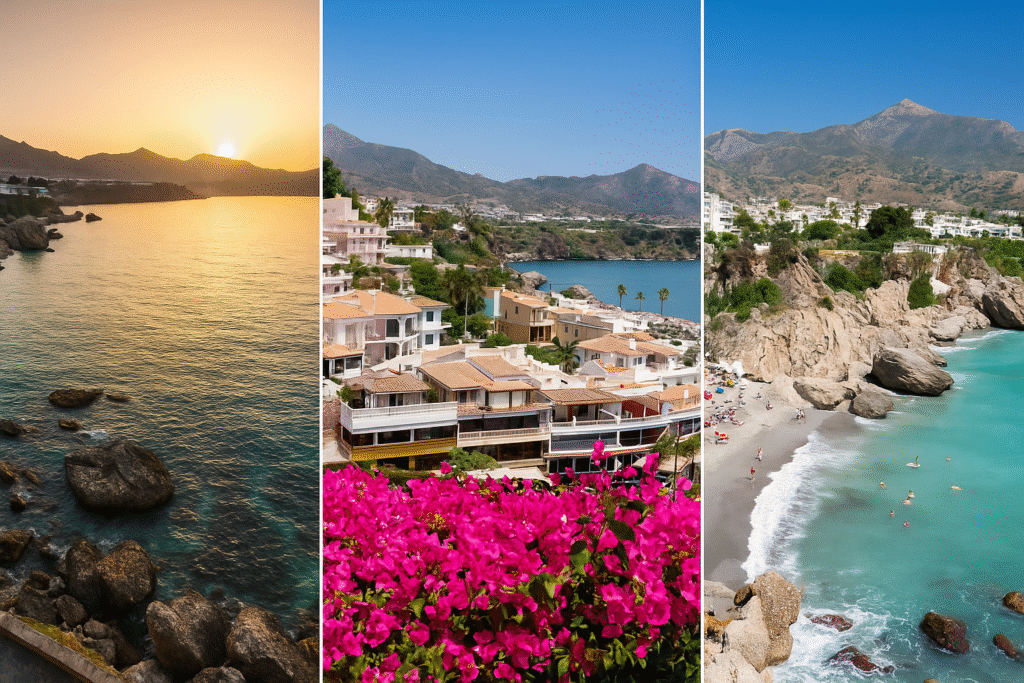 A triptych of high-resolution photographs captures the coastal beauty of Nerja, Spain. The left panel shows a golden sunset over the sea and cliffs, the center displays colorful houses and vibrant bougainvillea overlooking the bay, and the right features a sunny beach with turquoise waters and swimmers beneath rugged cliffs and mountains.