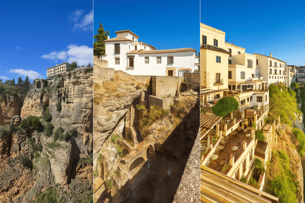 A triptych of high-resolution photos captures the dramatic cliffs and architecture of Ronda, Spain. The left image shows the iconic Puente Nuevo bridge spanning a deep gorge, the center image features a white building perched above rocky terrain, and the right image highlights cliffside houses and terraced cafes bathed in warm sunlight.