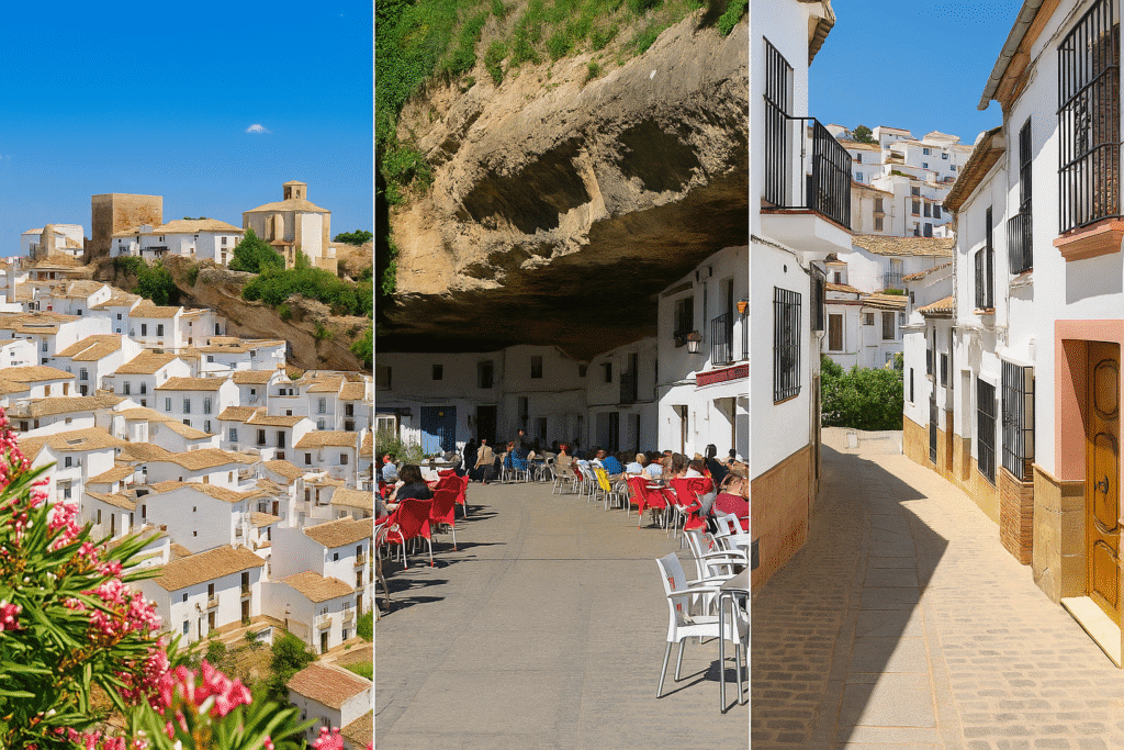 Triptych of Setenil de las Bodegas, Spain: panoramic view of whitewashed hillside houses with fortress and church; a bustling café nestled under a massive rock overhang; and a quiet narrow street lined with traditional Andalusian homes.