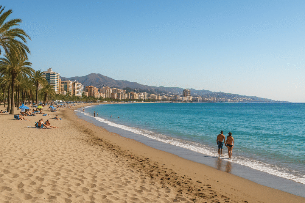 A high-resolution photo of a beach in Malaga City with golden sand, turquoise water, palm trees, and people relaxing by the shore, with city buildings and mountains in the background.