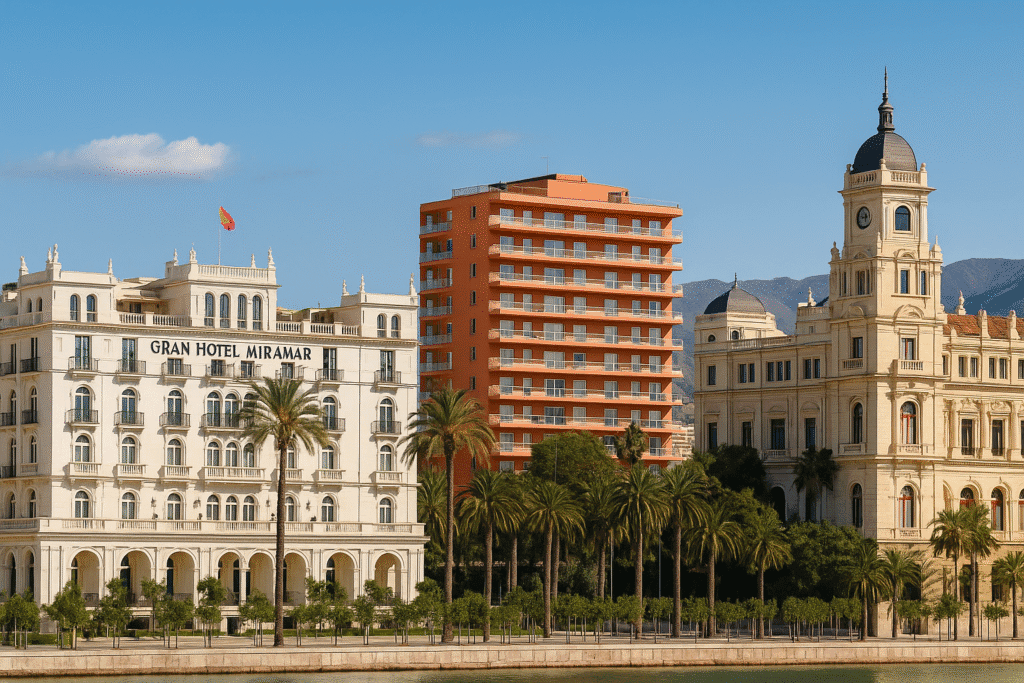 Luxury hotels in Malaga including Gran Hotel Miramar and boutique 5-star buildings with palm trees and coastal views on the Costa del Sol