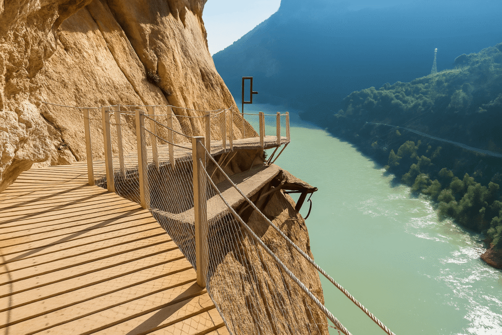 Cliffside walkway on Caminito del Rey above turquoise river with rock walls and hills in Andalusia, malaga,Spain