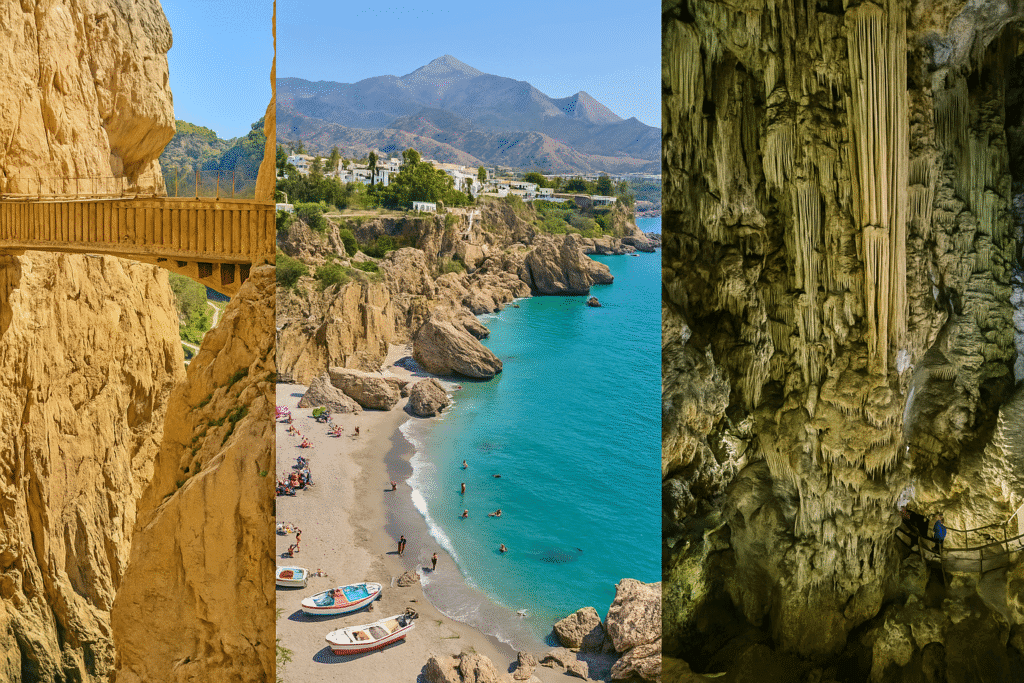 Realistic collage of hidden day trips from Malaga: cliffside Caminito del Rey, a quiet beach in Nerja with turquoise water, and dramatic cave formations in Cueva de Nerja.