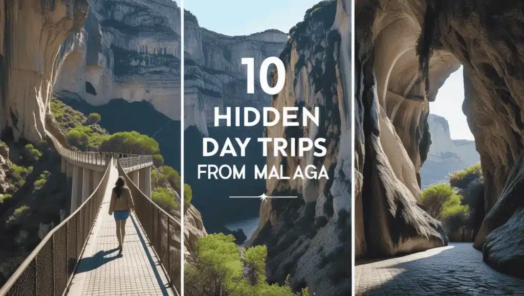 Collage of hidden day trips from Malaga showing Caminito del Rey walkway, dramatic cliffs, and a cave entrance in Andalusia.