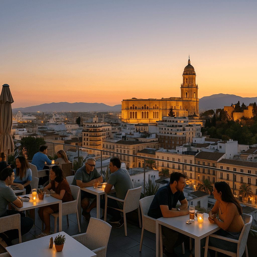 eople enjoying drinks at sunset at one of the best Malaga rooftop bars with stunning views of the cathedral and city skyline.