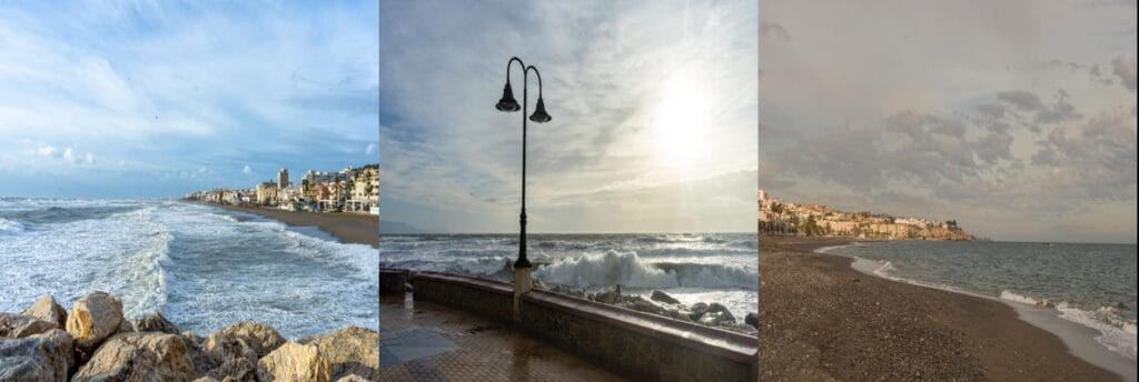 Realistic 3-in-1 collage of Malaga in January showing rough winter sea, overcast skies along the promenade, and a quiet beach with dramatic clouds – capturing the coastal mood during Spain’s mild winter.