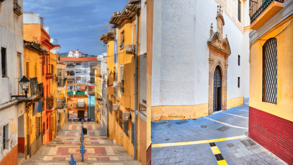 Colorful street and historic architecture in Malaga’s old town — vibrant buildings with balconies on the left and a quiet church courtyard with a stone doorway on the right.