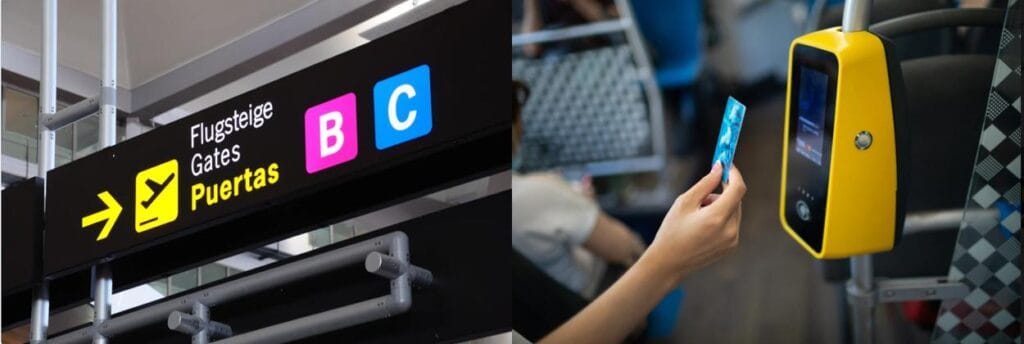 Realistic 2-in-1 collage of Malaga transport: airport gate signage in multiple languages and contactless card validation on public transport – illustrating smart mobility in southern Spain.