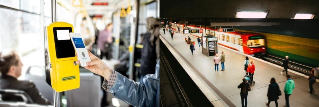 Realistic 2-in-1 collage of public transportation in Malaga: contactless ticket payment on a city bus and busy metro station platform with arriving train.