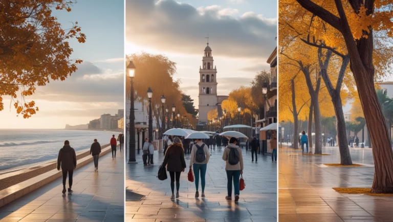 Three realistic scenes showing Malaga weather in November: a sunny beach promenade, a rainy city street with umbrellas, and a peaceful autumn park with golden leaves.