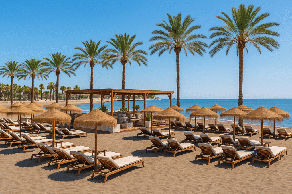 Luxury beach club in Malaga with straw parasols, sun loungers, palm trees, and Mediterranean Sea view – perfect for relaxing, dining, and seaside parties.