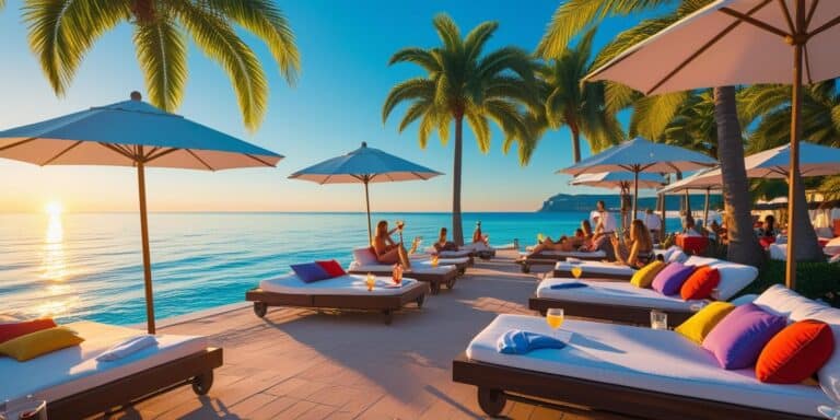 Luxury beach club in Malaga at sunset, featuring stylish sunbeds, parasols, palm trees, cocktails, and people relaxing by the Mediterranean Sea.