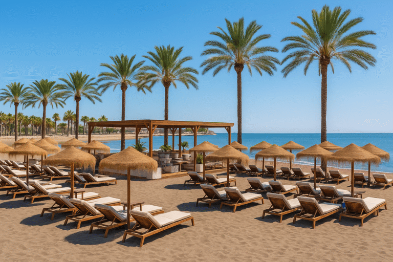 Luxury beach club in Malaga with straw parasols, sun loungers, palm trees, and Mediterranean Sea view – perfect for relaxing, dining, and seaside parties.